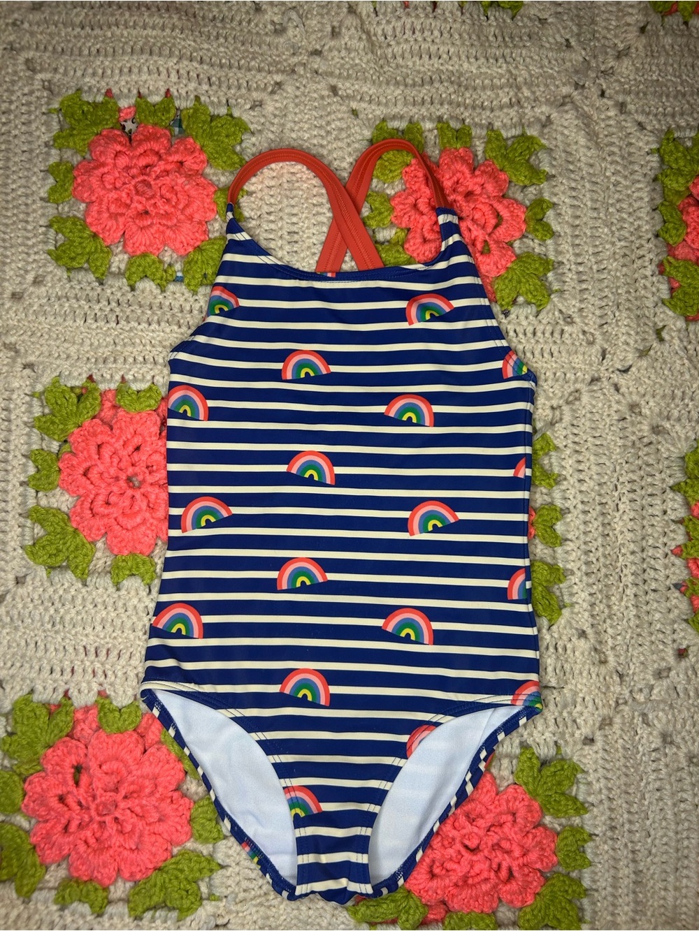 Mini Boden Girls Navy Stripe Rainbow One-Piece Swimsuit